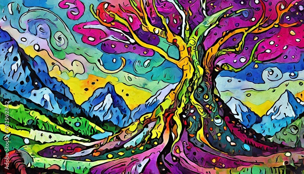 Fanciful abstract with bright colors and a tree and landscape
