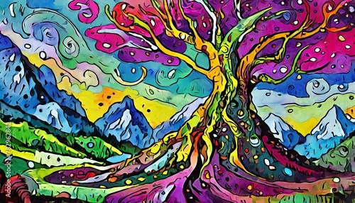 Fanciful abstract with bright colors and a tree and landscape