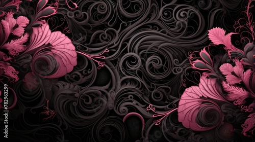 Enigmatic Floral Symphony: Vibrant Pink Blooms on Abstract Black Swirls