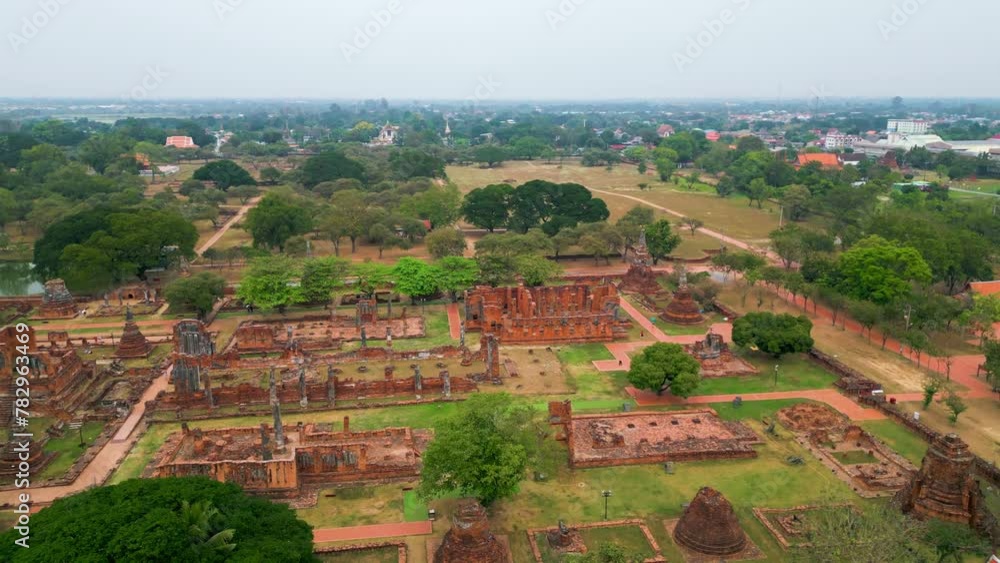 Aerial view of the Thailand landmarks, Aerial view of Wat Phra Si Sanphet, Ayutthaya temple in Thailand, Aerial view of temples in the province of Ayutthaya Ayutthaya Historical Park Thailand