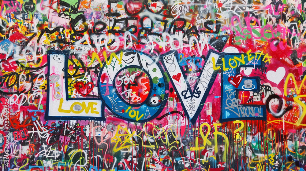 Spray painted graffiti wall font words LOVE graf paint tag suburb city street art mural empowerment inspiration harmony emotion artistic cool vibrant background campaign banner Spray painted graffiti wall font words LOVE graf paint tag suburb city street art mural empowerment inspiration harmony emotion artistic cool vibrant background campaign banner