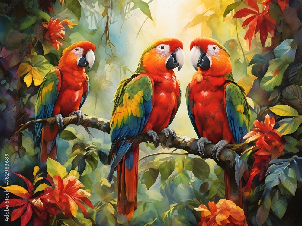 A vibrant scene of three scarlet macaws