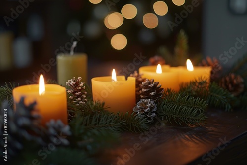 A group of lit candles on a table  perfect for adding ambiance to any setting