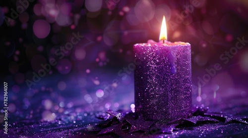 A lit purple candle on top of a purple cloth. Suitable for home decor or relaxation concepts