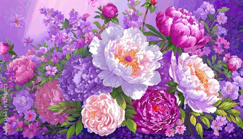 delicate interplay of peonies and lavender, arrayed in a tranquil floral composition. photo