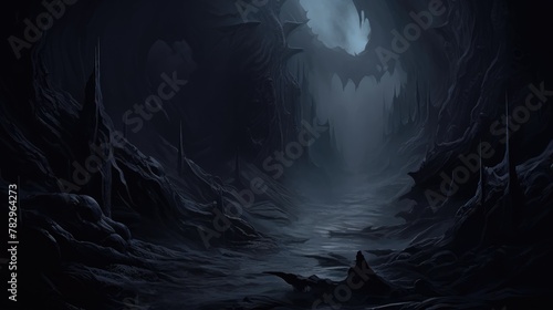 Mysterious Dark Cave Landscape with Icy Stalactites