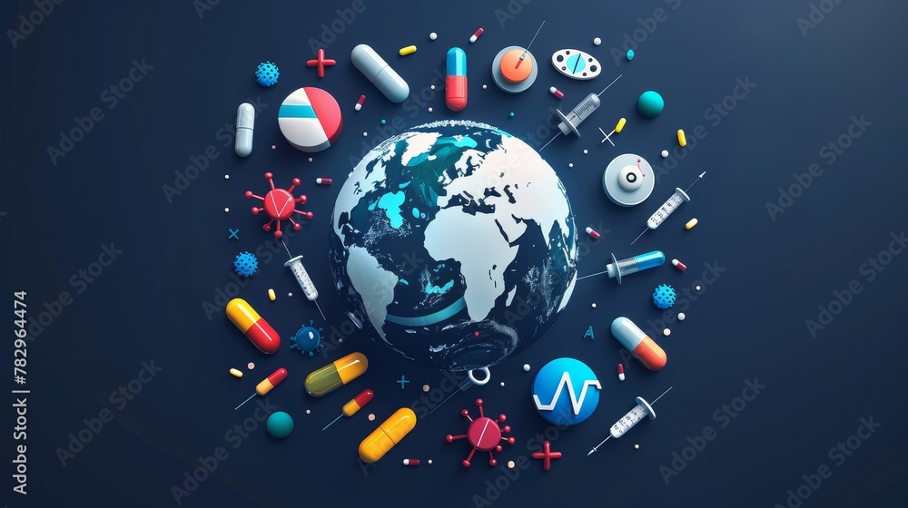 Global Health: A 3D vector illustration of a globe surrounded by medical symbols like stethoscope