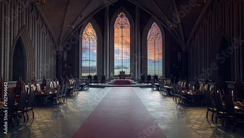 Grand medieval castle throne room with sunset sky seen through large gotrhic arched windows. 3D render.