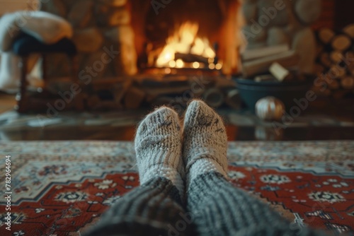 Cozy scene of someone's feet in warm socks in front of a fireplace, perfect for winter or hygge concepts