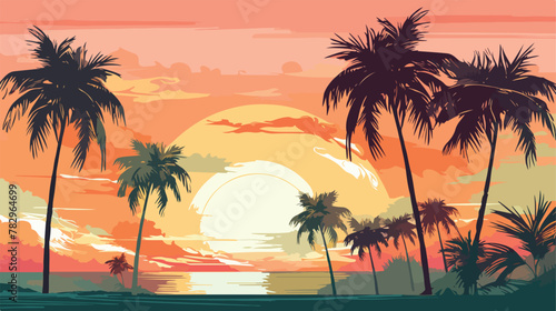 Drawing of palm trees on abstract background 2d fla