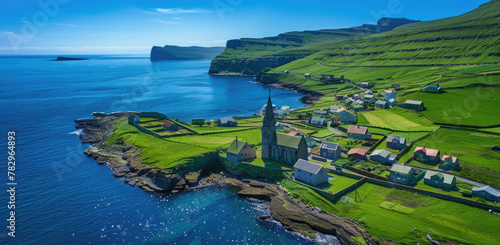 Aerial view of the beautiful coast with houses and a church