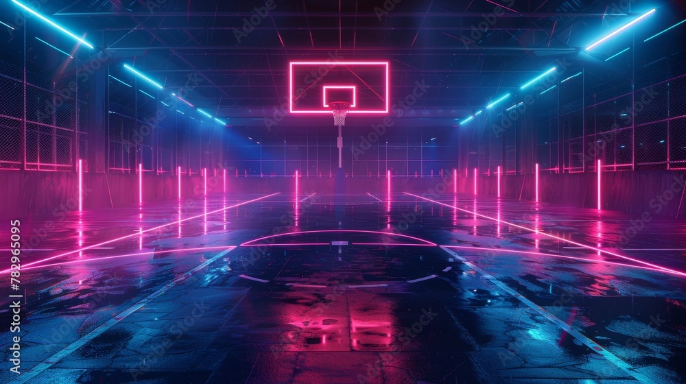 Glowing Neon Basketball: A 3D vector illustration of a basketball court at night