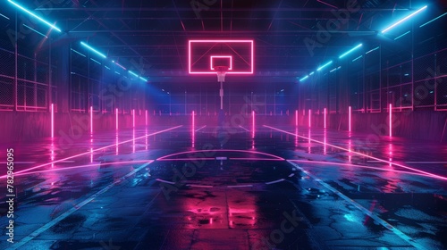 Glowing Neon Basketball: A 3D vector illustration of a basketball court at night © MAY