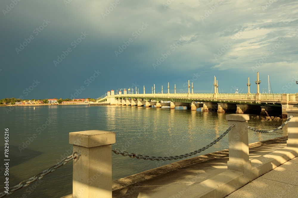Breathtaking view from a promenade of Bridge of Lions under blue cloudy sky