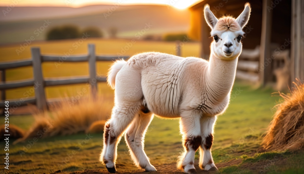 Fototapeta premium A solitary alpaca stands in a tranquil pasture as the sunset bathes the scene in golden light.. AI Generation