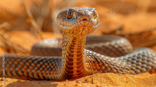 Coiled Cobra Slithering Through the Arid Desert Sands a Captivating Display of Danger and Beauty photo