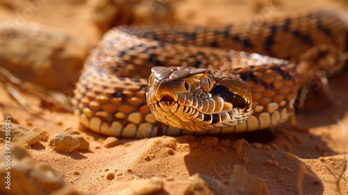 Cobra Coiled and Poised Among Desert Sand Dunes A Dance of Danger and Beauty photo