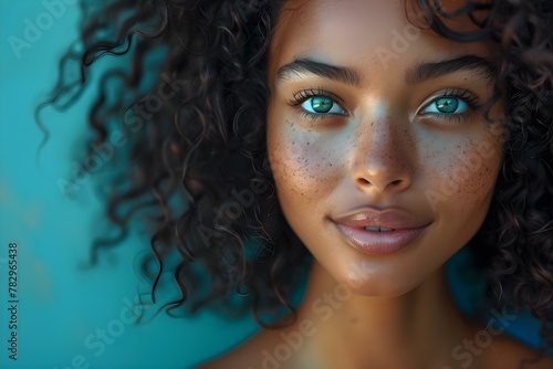 Curly-haired Beauty with Captivating Eyes on Blue. Concept Fashion Photography, Portrait Poses, Creative Backdrops, Natural Lighting, Candid Expressions photo