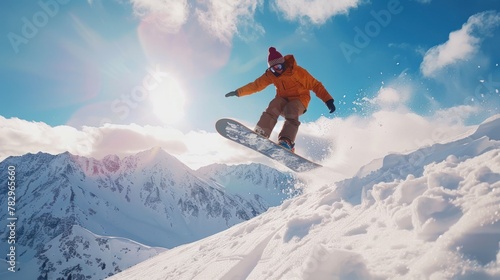 Snowboarder at jump inhigh mountains at sunny AI generated