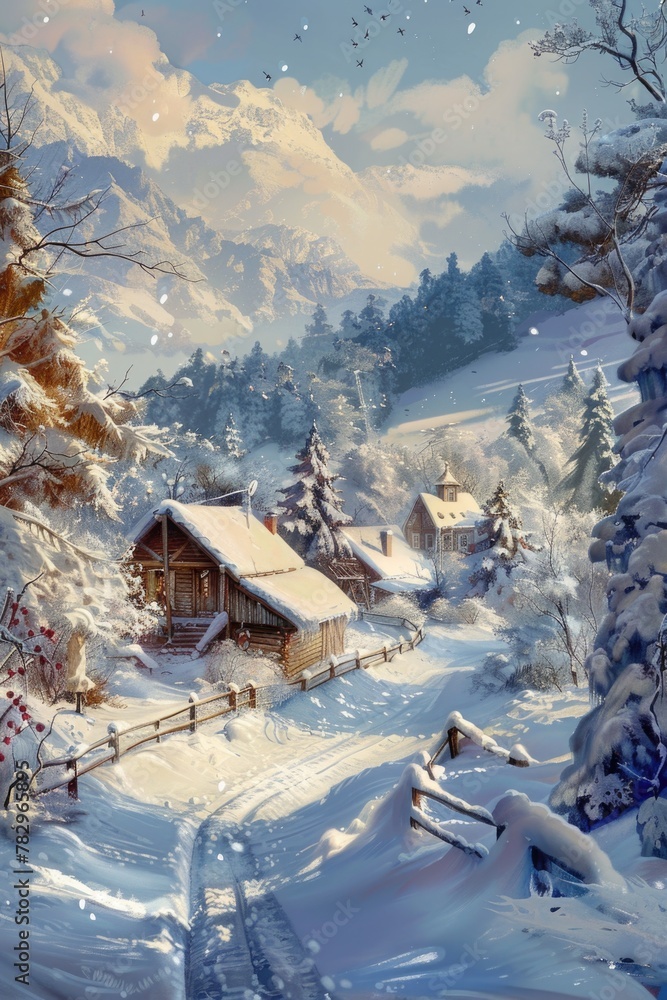 A painting of a winter scene with a snowman, perfect for seasonal decorations