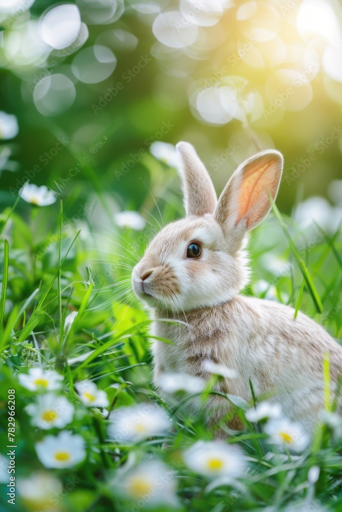 Obraz premium Cute rabbit sitting in grass with daisies, perfect for nature themes