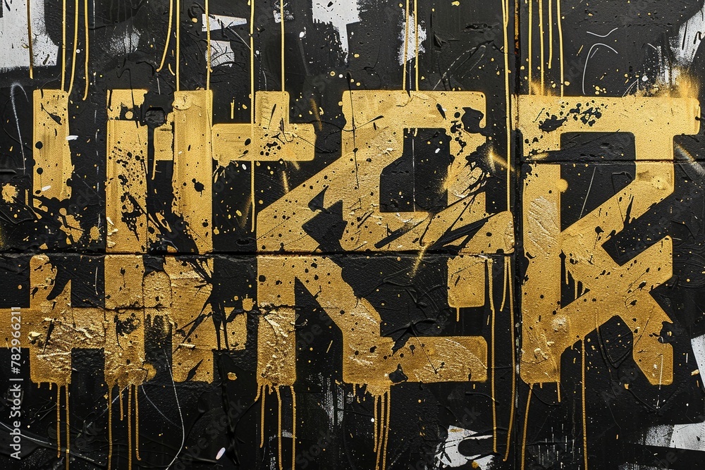 Fototapeta premium Close-up of gold street art on black, revealing a complex calligraphy design with bold spray-painted lines and subtle white ink drips