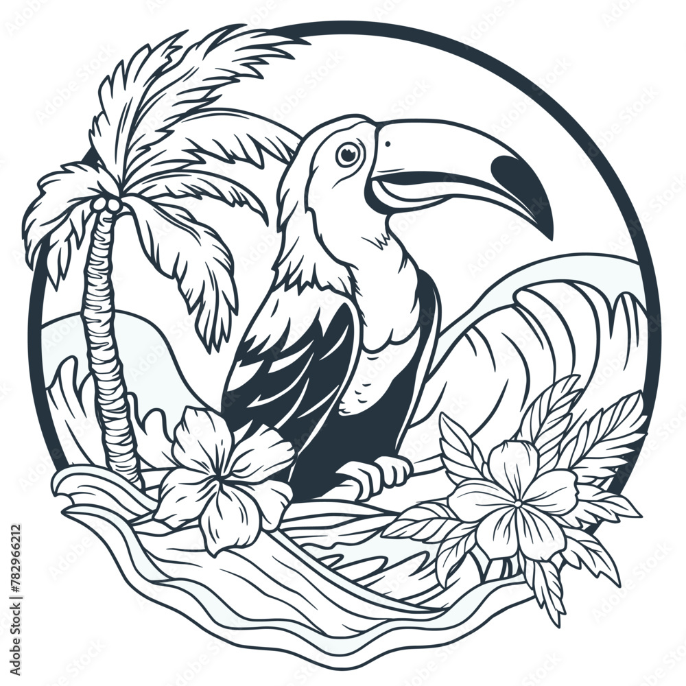 Fototapeta premium Exotic toucan or tropical bird with big beak and colorful feathers, palm tree and wave for summer beach tee design for t shirt print. Paradise jungle. Monochrome outline style or black and white lines