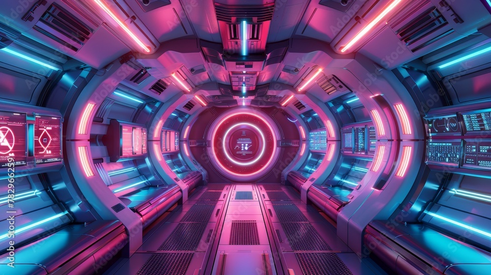 Glowing Neon Surfing: A 3D vector illustration of a futuristic spaceship interior Glowing Neon Surfing: A 3D vector illustration of a futuristic spaceship interior