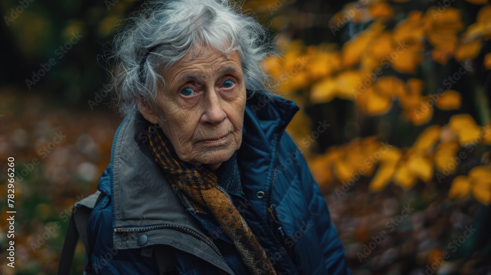 An older woman wearing a blue jacket and scarf. Suitable for lifestyle and fashion concepts An older woman wearing a blue jacket and scarf. Suitable for lifestyle and fashion concepts