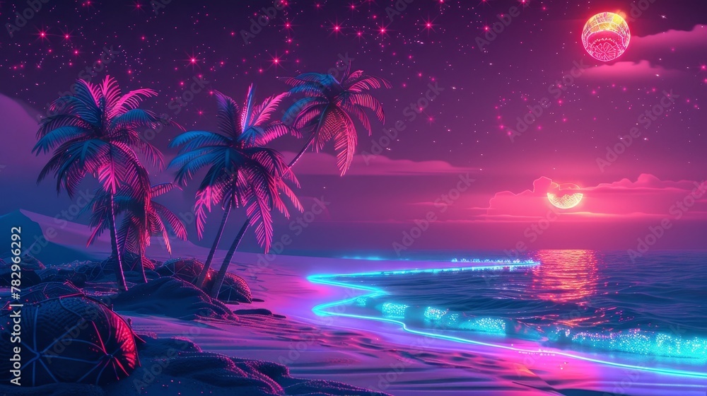 Glowing Neon Surfing: A 3D vector illustration of a tropical beach at night
