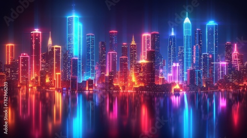 Glowing Neon Surfing: A 3D vector illustration of a city skyline at night © MAY