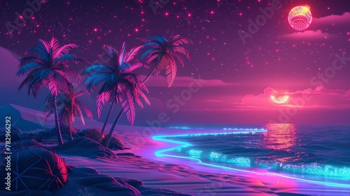 Glowing Neon Surfing: A 3D vector illustration of a tropical beach at night