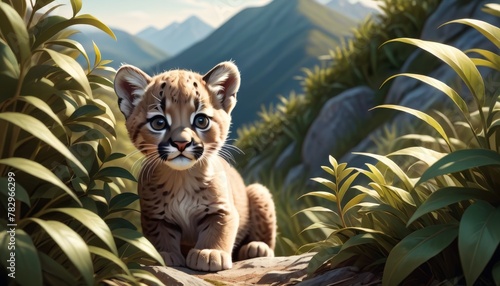 A digitally created image of an adorable baby cougar with large, expressive blue eyes, nestled among vibrant green foliage in a serene mountain setting. AI Generation photo
