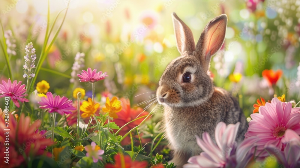 A rabbit sitting in a field of flowers. Ideal for nature and animal themes