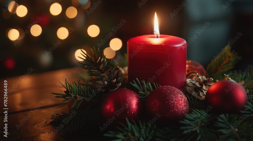 A lit candle surrounded by Christmas decorations. Perfect for holiday-themed projects