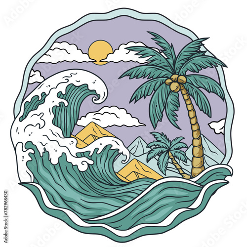 Illustration of a colorful tropical beach wave with palm trees, mountains, and a sunset, in a stylized vector of a tranquil seaside landscape for summer travel and vacation