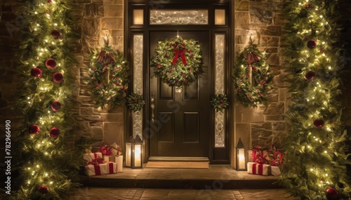 A welcoming home entrance adorned with Christmas wreaths and garlands, illuminated by soft lights and surrounded by gifts, evoking holiday warmth.