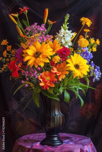 A vibrant bouquet of flowers in a decorative vase. Perfect for home decor or floral arrangements © Fotograf