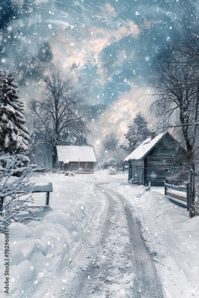 A picturesque snowy road with a charming barn in the background. Ideal for winter landscapes