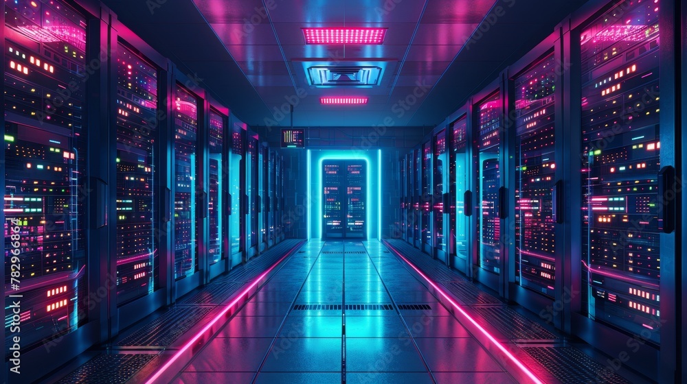 Internet Infrastructure: A 3D vector illustration of a server room filled with racks of servers