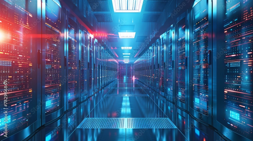Internet Infrastructure: A 3D vector illustration of a data center with rows of servers and cooling system - obrazy, fototapety, plakaty 