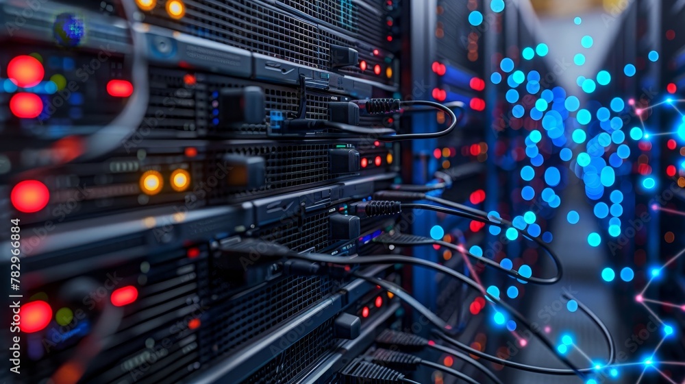 Naklejka premium Internet Infrastructure: A 3D vector illustration of a data center with servers and networking equipment