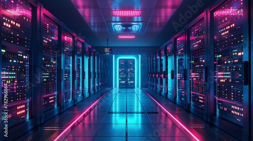 Internet Infrastructure: A 3D vector illustration of a server room filled with racks of servers © MAY
