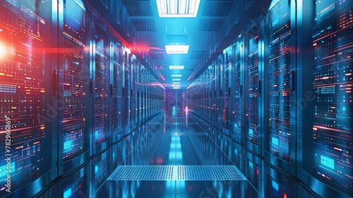 Internet Infrastructure: A 3D vector illustration of a data center with rows of servers and cooling system