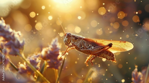 Grasshopper Leaping Across Blades in Meadow Bathed in Golden Sunlight and Bokeh