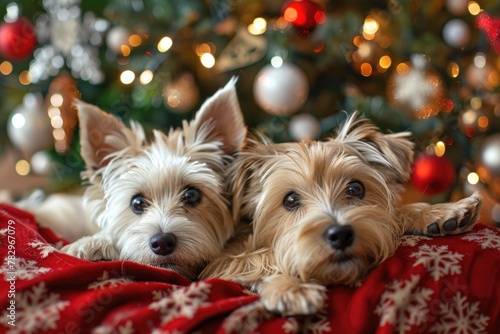 Two dogs laying on a blanket in front of a festive Christmas tree. Perfect for holiday themed projects