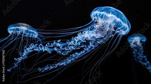 Ethereal Jellyfish Dancers Drifting in Mysterious Ocean Currents Captivating Aquatic Creatures in Their Fluid Weightless Ballet