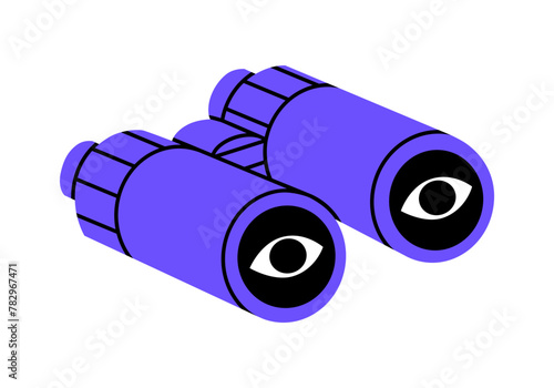 Hand drawn cute cartoon illustration camping binoculars. Flat vector outdoor searching optical instrument sticker in doodle style. Career or vacancy research icon. Searching for opportunity. Isolated.