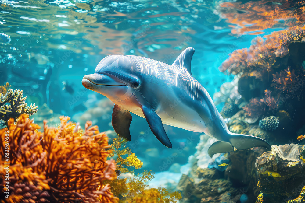Obraz premium Animals of the underwater sea world. Ecosystem. Colorful tropical dolphin. Life in the coral reef.