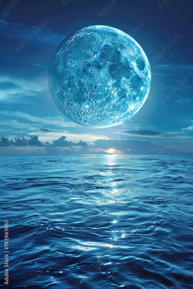 A stunning image of a full moon rising over the ocean at night. Perfect for nature and landscape themes A stunning image of a full moon rising over the ocean at night. Perfect for nature and landscape themes